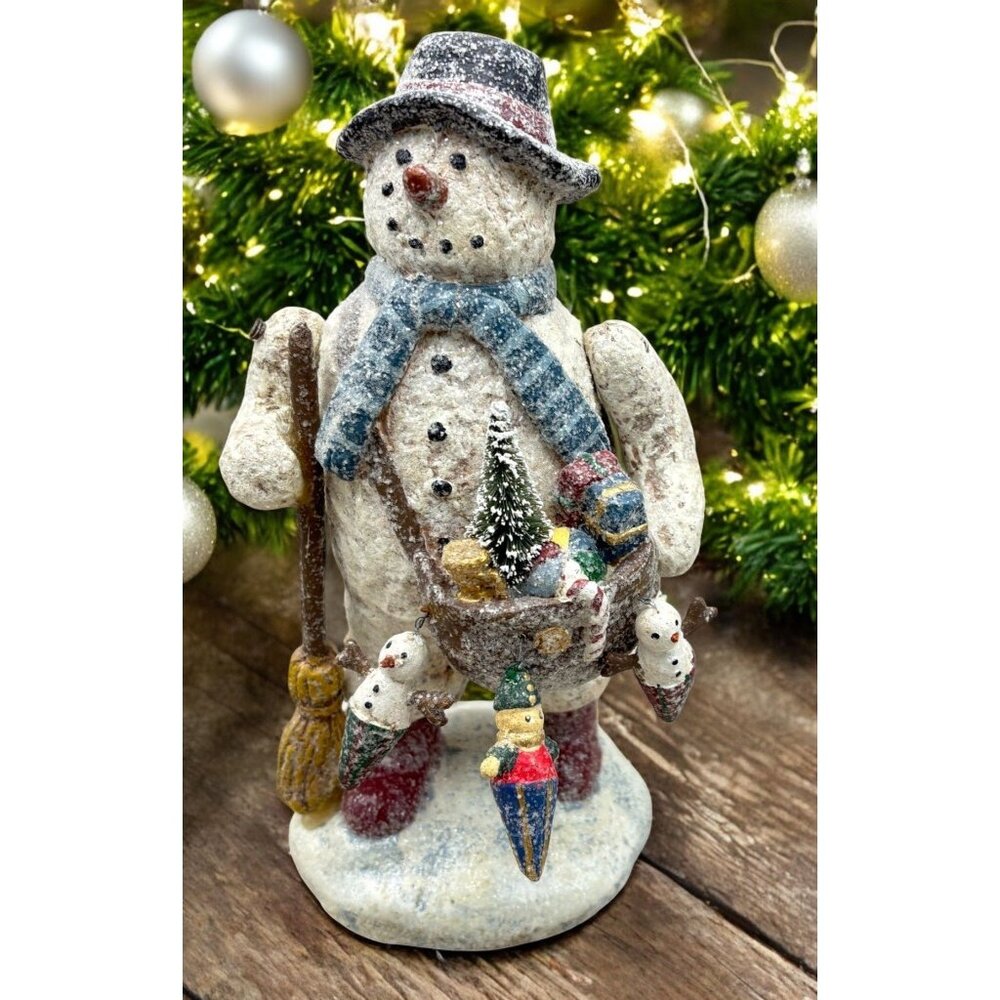 Vintage Traveling Snowman Christmas Figurine Toy Bag Glitter Finish CJF
